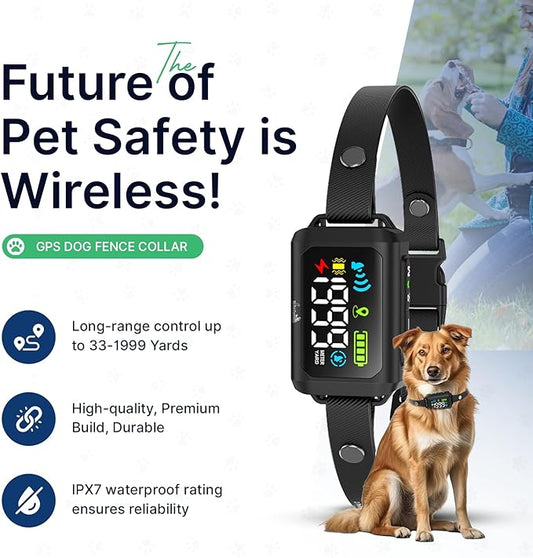 My Pet Command Wireless GPS Dog Fence No Wires & No Base Transmitter Outdoor Radius Coverage 33-1999 Yards IPX7 Waterproof Collar w/Tone, Vibrate & Safe Static Modes Fits Dogs 8″-28″ Neck (S to XL)