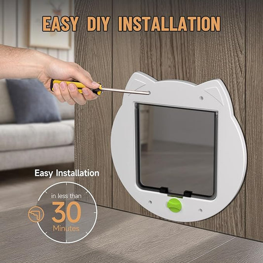 Cat Flap Door for Kitties, 4 Way Locking Pet Door for Interior Exterior Doors, Kitty Door, Indoor, Secured Installation in Minutes(White)