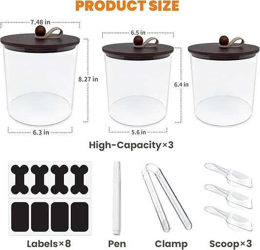 3 Pack Airtight Dog Food Storage Container, Dog Treat Container Dog Food Container with Wood Lids 8x7''&6x5'',Pet Food Storage Container,Cat Food Containers with Scoops,Clamp,Labels,Pens