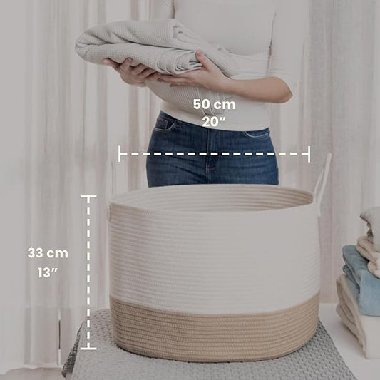 OrganiHaus Large Woven Storage Basket for Blankets and Toys 20" x 13" Inch, Rope Laundry Basket with Handles, Cushions & Pillows Storage Bin, Nursery Hamper, Soft Round Dog Toy Bin - Honey/Off-White