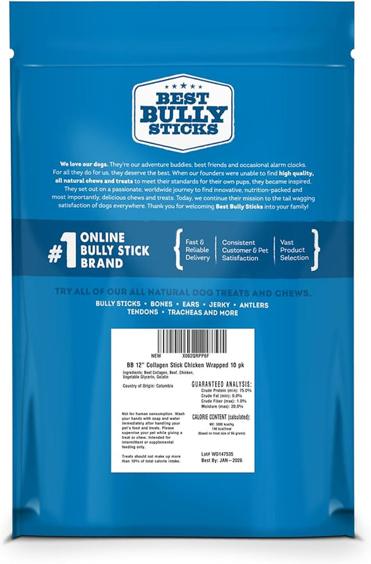 Best Bully Sticks Chicken Wrapped Beef Collagen Sticks - 12 Inch 10 Count (Pack of 1) - Natural, USA Baked and Packed, Easily Digestible, Limited Ingredient, Rawhide Alternative