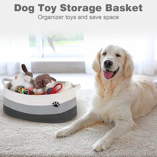Dog Toy Basket, Toy Box and Bin for Dog Cat Storage, 19.7" X 11" X 7.9" (30L) Large Woven Basket for Blanket Storage, Rope Baskets for Living Room, Bedroom, White & Grey