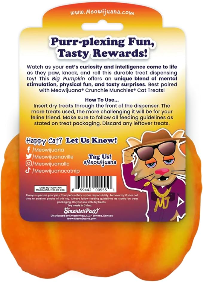 Meowijuana Knock N' Nibble Pumpkin | Refillable Treat Dispensing Cat Toy | Promotes Play and Cat Health | Interactive Puzzle Toy for Felines