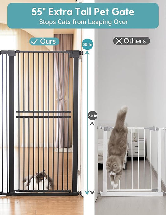 No Pawblems 55" Extra Tall Pet Gate for Cat/Dog, 29-40" Wide Auto Close Tall Dog Gate for Doorways/Hallways, 1.37" Ultra Narrow Spacing, NO Drilling Pressure Mounted, Black