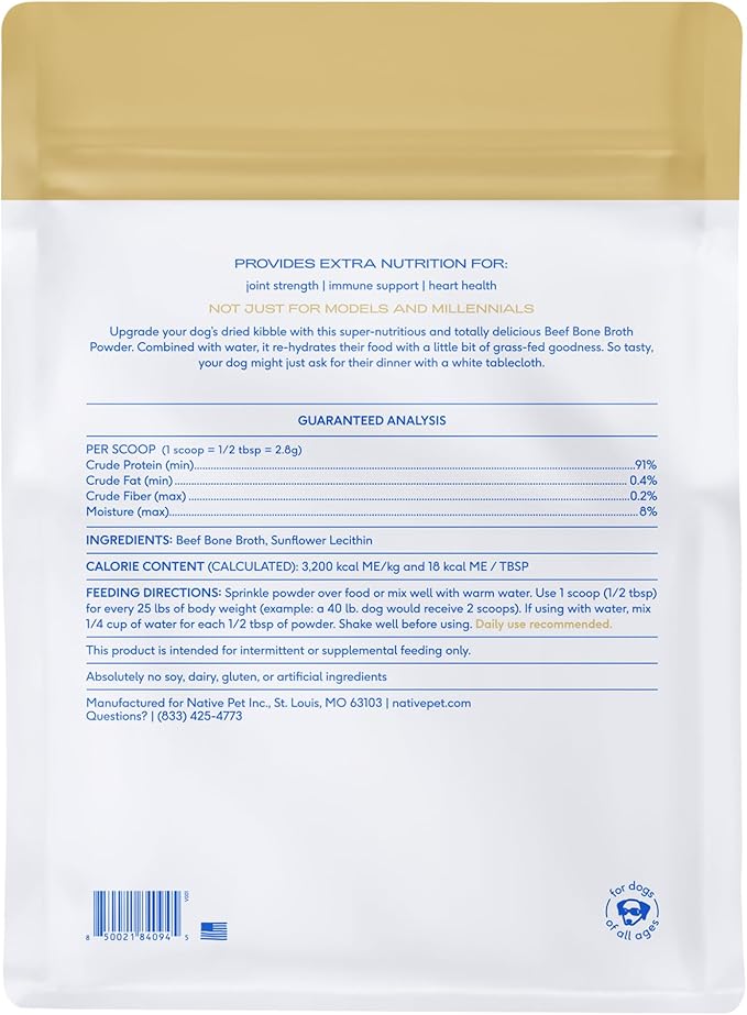 Native Pet Bone Broth for Dogs and Cats - Made with Real Beef Bone Broth, Dog Food Toppers for Picky Eaters- Provides Extra Hydration & Nutrition for Joint Strength, Immunity & Heart Health-192 Scoops