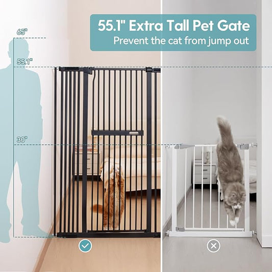 No Pawblems 55.1" Extra Tall Pet Gate for Cat/Dog, 29.9-44.4" Wide Auto Close Tall Cat Gate, NO Drilling Pressure Mounted for Doorways/Hallways, 1.37" Narrow Bar Spacing, Black