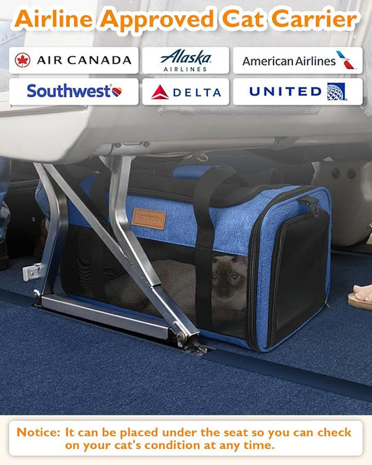 PETUX TSA Approved Pet Carrier in Cabin - 17"x11"x9.5", Underseat, Soft Sided Cat Carriers with Safety Zippers and Anti-Scratch Mesh for Small Cat up to 12 lb, Ideal for Travel and Vet Visit, Blue