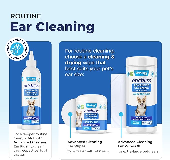 VETNIQUE Oticbliss Advanced Cleaning Ear Wipes for Dogs & Cats for Odor Control, Dirt and Wax Removal with Soothing Aloe Vera, Drying Agent and Vitamin E, Clear the Ear 100ct Wipes
