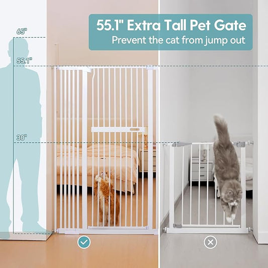 No Pawblems 55.1" Extra Tall Pet Gate for Cat/Dog, 29.9-44.4" Wide Auto Close Tall Cat Gate, NO Drilling Pressure Mounted for Doorways/Hallways, 1.37" Narrower Bar Spacing, White