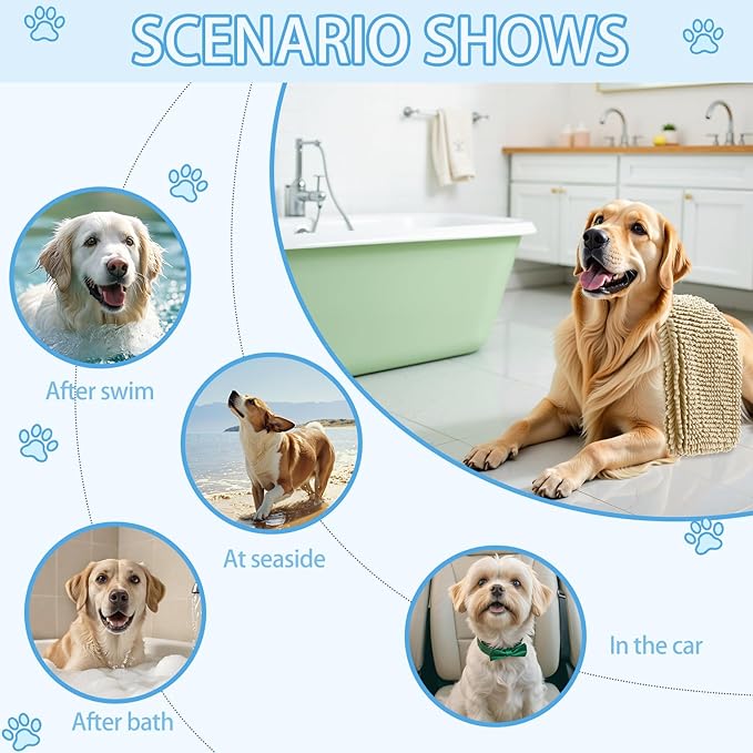 OLANLY Chenille Dog Bath Towel 31x13, Ultra Absorbent Quick Dry Pet Towel, Extra Soft Washable Plush Towel for Large Dogs & Puppies, Indoor Outdoor Use, Beige