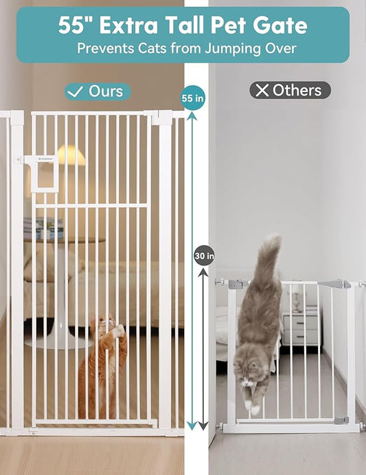 No Pawblems Upgraded 55" Extra Tall Pet Gate for Cat, 29-43" Auto Close Cat Gate for Doorways/Stairs/Hallways, NO Drilling Pressure Mounted Tall Dog Gate Indoor, 1.37" Pet-Safe Gap, White