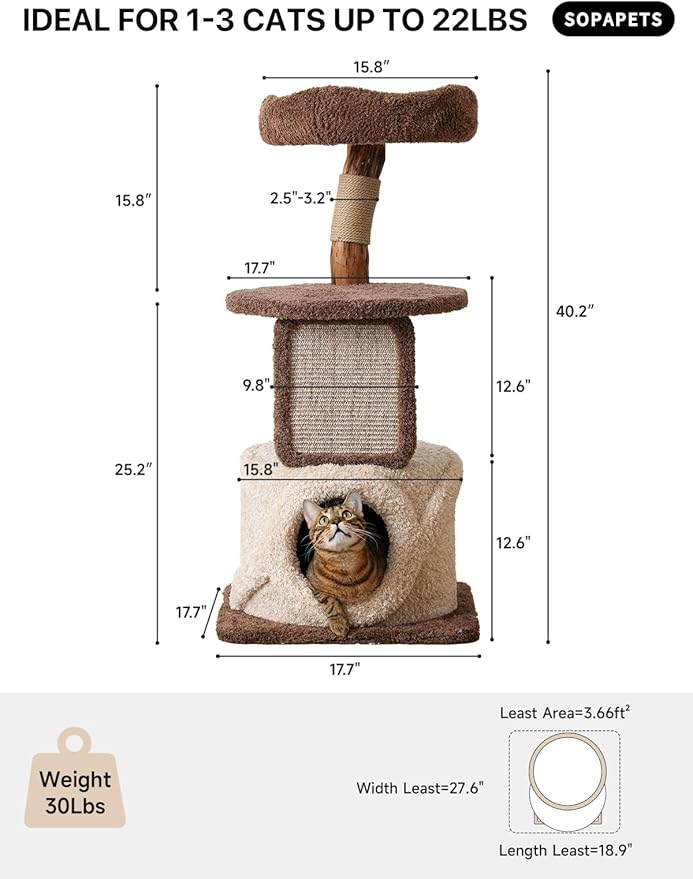 40 Inch Tall Modern Solid Wood Cat Tree Tower for Indoor Cats Large Adult, Sturdy Heavy-Duty Cat Condo with Scratching Post, Perch, Scratcher, Platform, Cozy Hideaway