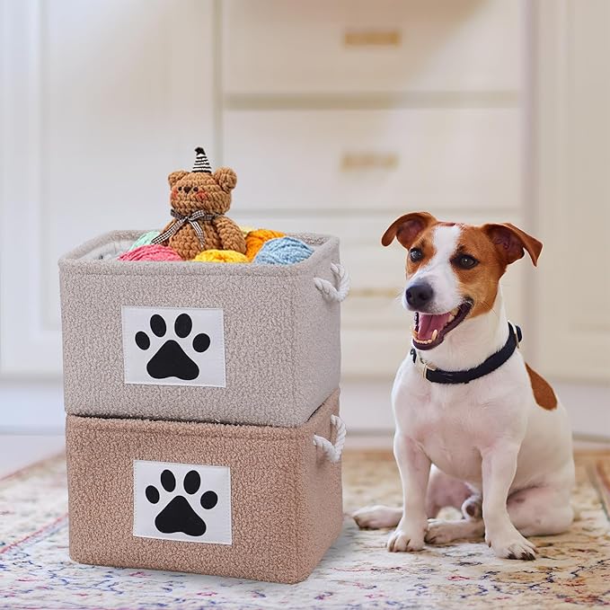 COMFY-HOMI 2Pcs Dog Toy Basket Collapsible Pet Toy Storage Organizer with Handles - Soft Polyester Fleece Fabric Bin Storage Basket for Shelves, Toys Storage and Organization 15"x10.2"x9.5"