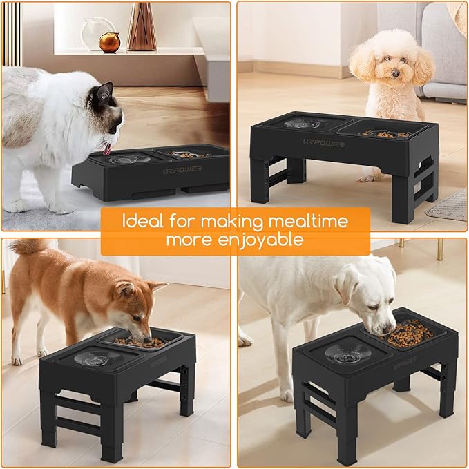 URPOWER 2-in-1 Elevated Slow Feeder Dog Bowls with No-Spill Water Bowl, 4 Height-Adjustable Raised Dog Bowls, Non-Slip Food and Water Bowls with Stand for Small, Medium, Large Dogs, Cats and Pets