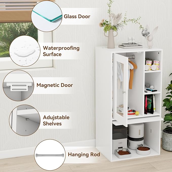 YU YUSING Dog Feeding Station for Automatic Feeder, Dog & Cat Food Storage Cabinet with Hanging Rods, Adjustable Panel, Hidden Automatic Pet Feeder Station for Food and Pet Supplies