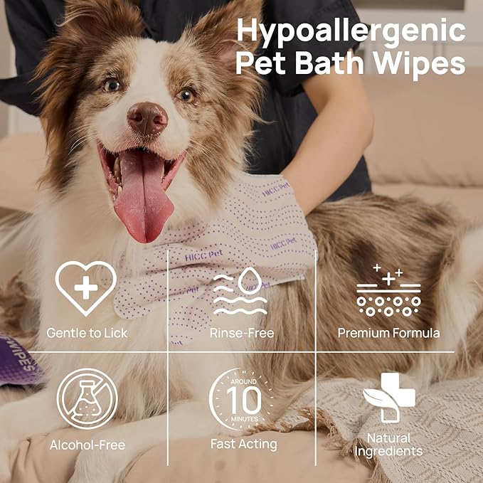 HICC PET Glove Wipes Pro Series for Dogs & Cats, Extra Thick Dual-Textured Grooming Wipes, Rinse-Free Shampoo Mittens for Quick Cleaning & Deodorizing, Perfect Between Baths, Travel