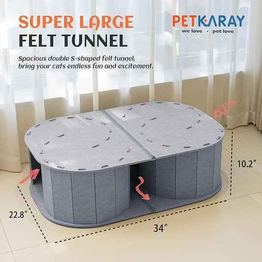 PETKARAY Large Felt Cat Tunnel, Double S-Shaped Hideaway for Indoor Cats, Interactive Cat Bed Cave and Hideout, 34x22.8x10.2 inches Grey
