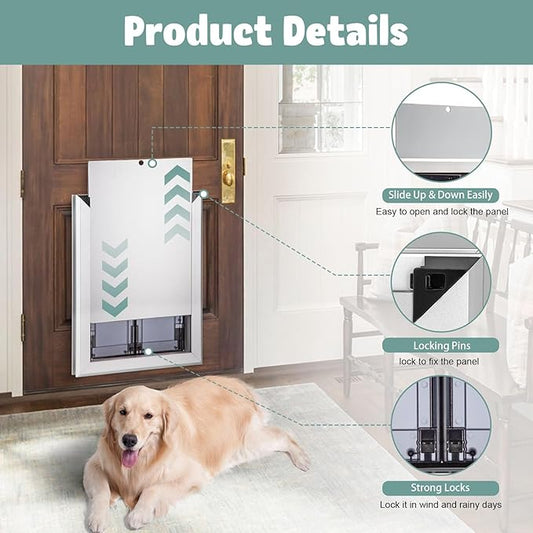 Premium Dog Door, Aluminum Pet Door with Double Panels, Doggie Door with Automatic Closing Magnetic Flaps, Slide-in Panel & 4 Security Locks, Weather Resistant & Durable Use, Medium