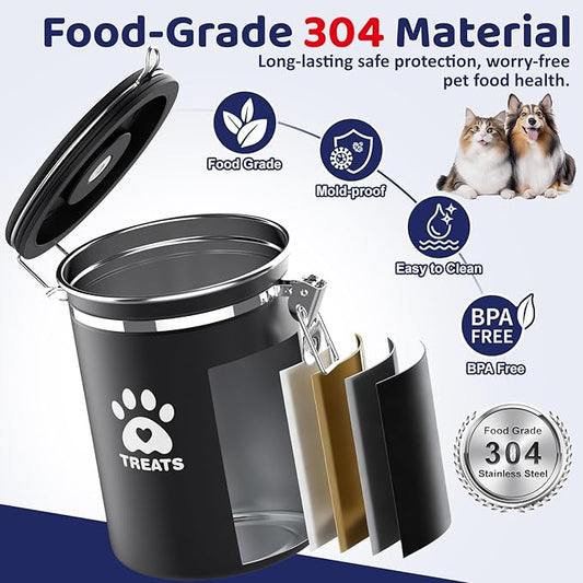 Dog Treat Container Airtight- 7.2"x4.7" Large Stainless Steel Cat Treat Jar for Kitchen Counter with Scoop, Pet Storage for Fresh Dog Cookie