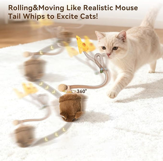 Migipaws Interactive MigiMouse Cat Toy 360° Rolling & Spin with Wiggling Tail for Indoor Cats Smart Motion Sensor, Realistic Squeak, Rechargeable Plush Kitten Toy (Brown)