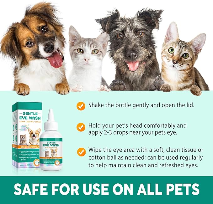 Eye Drops for Dogs and Cats - Safe to Lick, Itchy Eyes Relief & Redness Reduction, Non-Antibiotic Daily Care for Tear Stain Removal, Pet Eye Wash Vet-Formulated with Oat Glucan, 3.38 oz