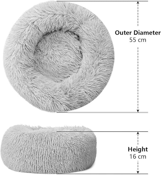 Dog & Cat Bed for Indoor Cats, 21.5 in Calming Donut Bed for Puppy and Kitten, Washable Round Fluffy Pet Bed for Small Medium Dogs and Cats Cotton Faux Fur, Anti-Slip Base (Light Grey)