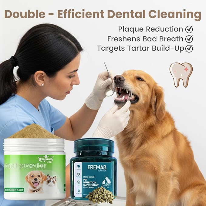 Dog Teeth Cleaning Powder,Dog Dental Powder and Dog Breath Freshener, Teeth Cleaning Made Easy, The Tooth Powder Set Includes Freeze-Dried Teeth Cleaning Treats, Complete Dental Care Solution