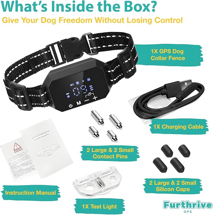 Furthrive GPS Dog Collar, Wireless Dog Fence 100โ3280 ft Circular Boundary, Waterproof GPS Dog Collar Fence System Outdoor Electric Pet Barrier with Beep, Vibration & Adjustable Training