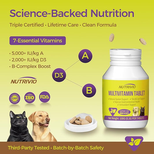 Dog Multivitamin Chewable Cat & Dog Vitamins and Supplements for Hip & Joints, Skin & Coat, Omega 3 Fish Oil for Dogs Tablets for Dogs & Cats, Vitamins- Immune Support 0.3g Per Tablet (100g)