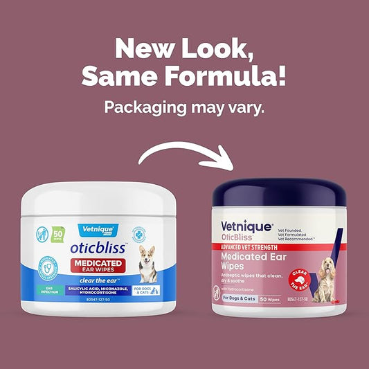 Vetnique Oticbliss Cat & Dog Ear Wipes - Dog Ear Infection Treatment or Dog Ear Cleaner Wipes for Dirty, Waxy, Smelly Dog Ears, Odor Control with Aloe Vera & Salicylic Acid (Medicated Ear Wipes)