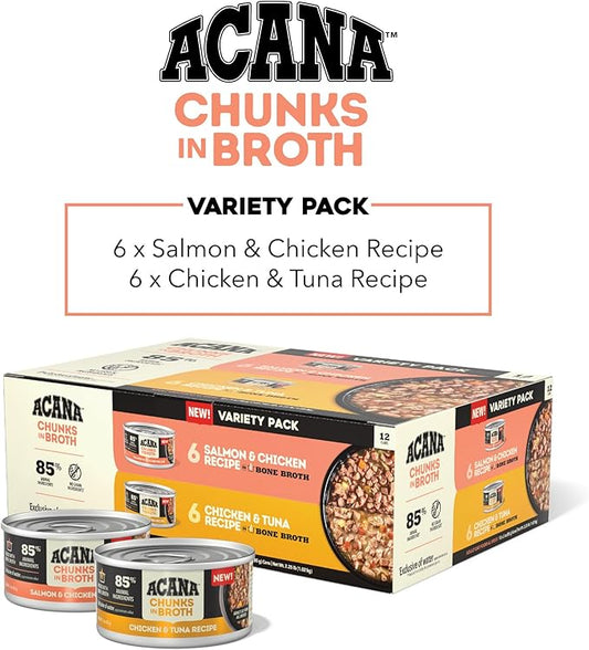 ACANA Chunks in Broth Wet Cat Food Variety Pack: Salmon & Chicken + Chicken & Tuna Recipes 3oz Cans (12 Count, 6 of Each)
