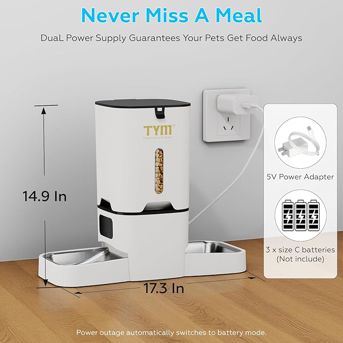 TYM Dual Automatic Cat Feeder 2 Cats, 7L Pet Feeder Food Dispenser with Slow Feed, Timed Cats Food Dispenser Automatic for Large Kibble, 2.4G WiFi, Smart App Control, Steel Double Bowls Easy to Clean