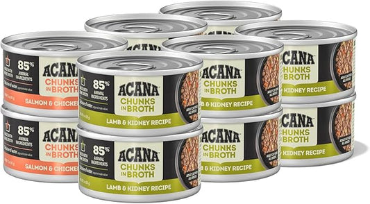 ACANA Chunks in Broth Wet Cat Food Variety Pack: Salmon & Chicken + Lamb & Kidney Recipes 3oz Cans (12 Count, 6 of Each)