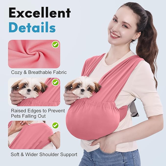Supet Dog Sling Carrier for Small Pets, Hands Free Front Cat Sling, Reducing Back Neck Pain Anti-Anxiety, Adjustable Soft Carrying (Pink, Regular)