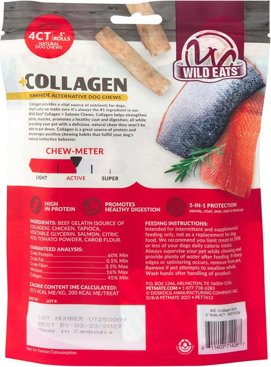 Wild Eats Salmon Flavor Collagen Retriever Style Cheek Roll 5" Dog Chews-4 Pack (Long Lasting Dog Chews Treats & Bones for Medium Dogs) Substitute for Pig Ears for Dogs