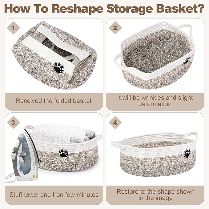 Dog Toy Basket, Toy Box and Bin for Dog Cat Storage, 19.7" X 11" X 7.9" (30L) Large Woven Rope Basket for Blanket Storage, Living Room, Bedroom, White & Brown