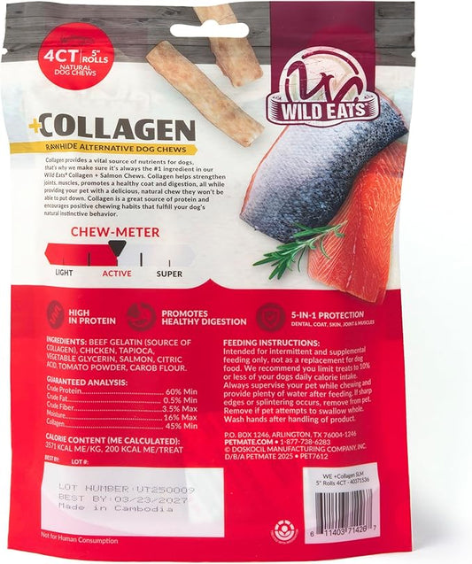 Wild Eats Collagen Sticks for Dogs Real Salmon 25ct - Long Lasting Dog Chew High Protein, Highly Digestable Bully Stick