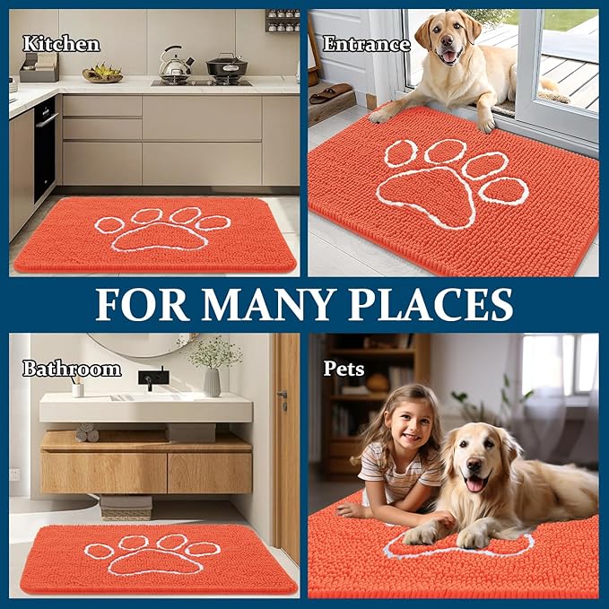 OLANLY Dog Door Mat for Muddy Paws 30x20, Paw Print Design, Absorbs Moisture and Dirt, Absorbent Non-Slip Washable Doormat, Quick Dry Chenille Mud Mat for Dogs, Entry Indoor Entryway Carpet, Coral