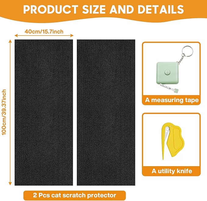MIAOKE 2 Pcs 40 × 16 in Cat Scratch Furniture Protector with Cutter Slider and Measuring Tape, Trimmable Self-Adhesive Cat Scratch Carpet, Suitable for DIY Cat Tree Stands, Sofas,Cat Tower