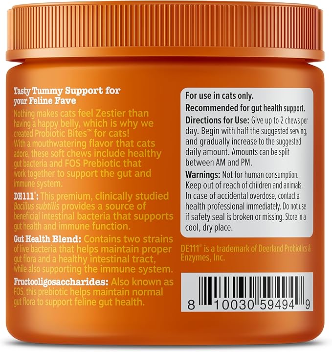Zesty Paws Probiotic Bites for Cats - Gut Flora & Immune System Support - Cat Supplement with DE111 Bacillus subtilis - Pet Soft Chews with Probiotics & Prebiotics for Digestive Health - 60 Count