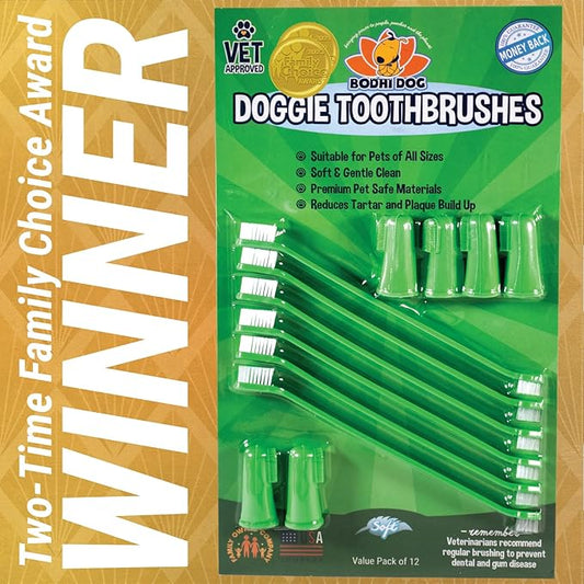 Bodhi Dog Toothbrush Combo Pack - Soft Finger & Dual-Ended Brushes - Gentle Bristles for Dogs & Cats - Easy Teeth Cleaning (6 Long & 6 Finger)