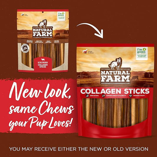 Natural Farm Collagen Chews. 6 Inch, 10 Pack. Odor-Free Long Lasting Bully Sticks & Rawhide Alternative Dog Treats, 95% Collagen Low Fat, High Protein Best Dental Dog Treats – Medium & Large Dogs