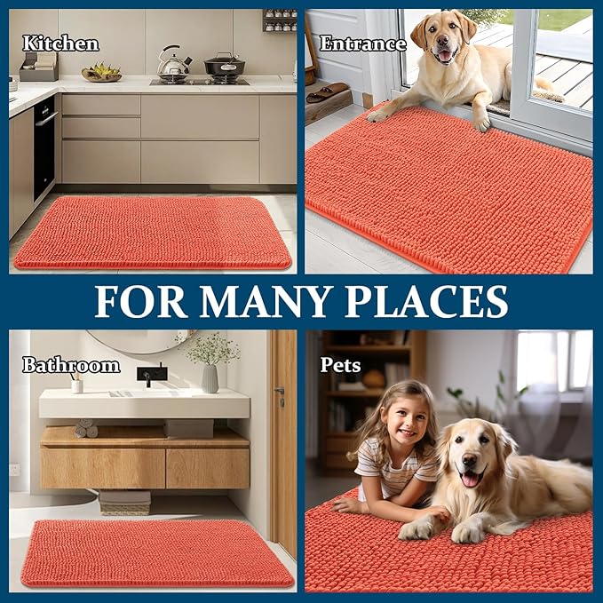 OLANLY Dog Door Mat for Muddy Paws 34x21, Absorbs Moisture and Dirt, Absorbent Non-Slip Washable Doormat, Quick Dry Chenille Mud Mat for Dogs, Entry Indoor Entryway Carpet for Inside Floor, Coral