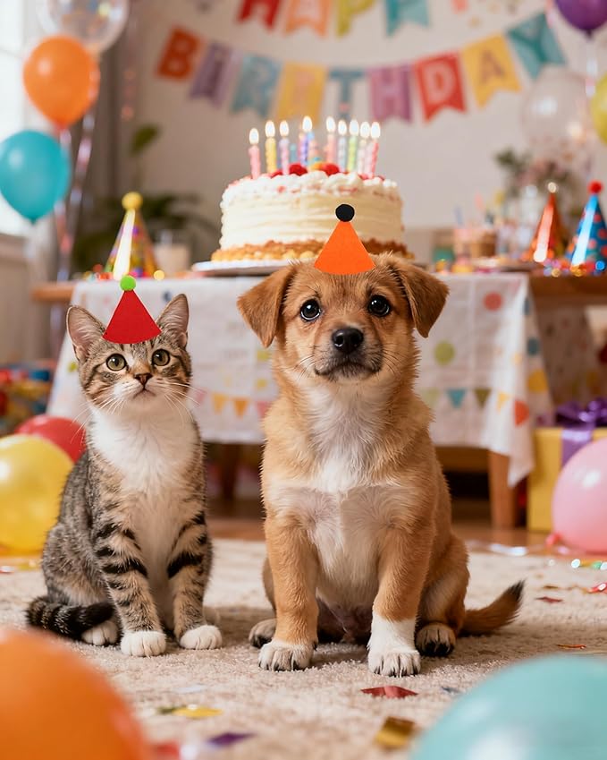 PET SHOW 12 Pack Mini Birthday Party Hats for Stuffed Animals Toys Dolls Adjustable Holiday Hats Felt Pom Pom Small Dog Cats Kitten Pet Grooming Costume Accessories