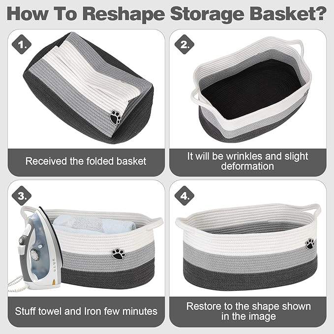 Dog Toy Basket, Toy Box and Bin for Dog Cat Storage, 19.7" X 11" X 7.9" (30L) Large Woven Basket for Blanket Storage, Rope Baskets for Living Room, Bedroom, White & Grey