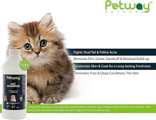 Petway Petcare Cat Shampoo - Natural Pet Dandruff Shampoo, pH Balanced Shampoo with Plant Derived Surfactant, Free of DEA, Phosphates, Parabens & Enzymes, Removes Excess Oil, Dirt and Dandruff - 1 L