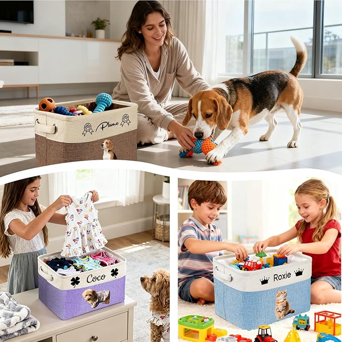 Custom Dog Toy Basket with Name Photo, Personalized Toys Clothing Storage Bins for Dogs Cats Pet,Collapsible Doggy Box Customized for Toy Food Gray