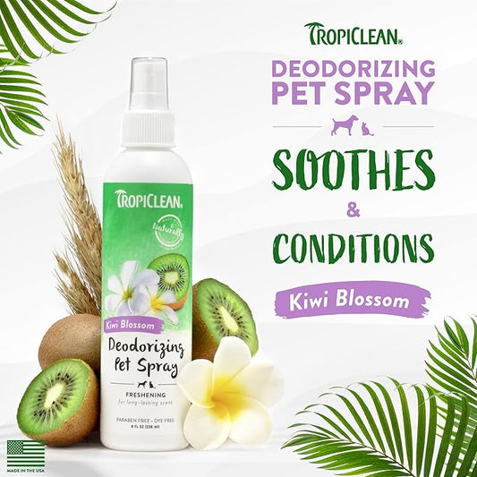 TropiClean Dog Perfume, Long Lasting Kiwi Cologne, Deodorizing Spray for Smelly Dogs, After Bath Detangling Spray with Vitamin E, Safe for Cats, 8oz.
