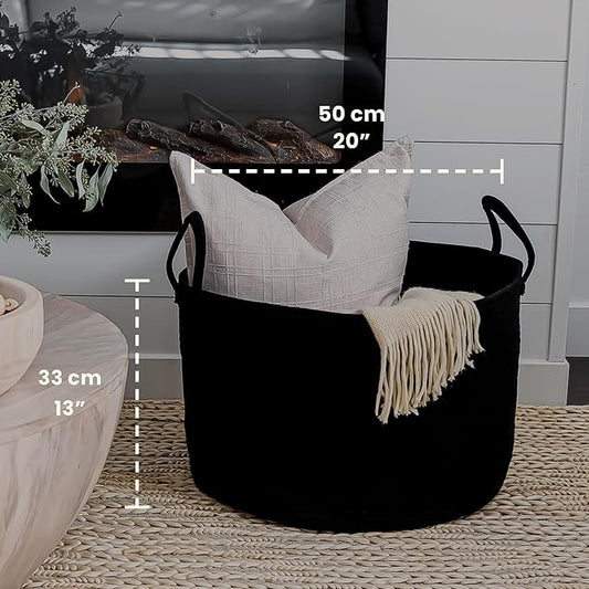 OrganiHaus Large Woven Storage Basket for Blankets and Toys 20" x 13" Inch, Rope Laundry Basket with Handles, Cushions & Pillows Storage Bin, Nursery Hamper, Soft Round Dog Toy Bin - Black
