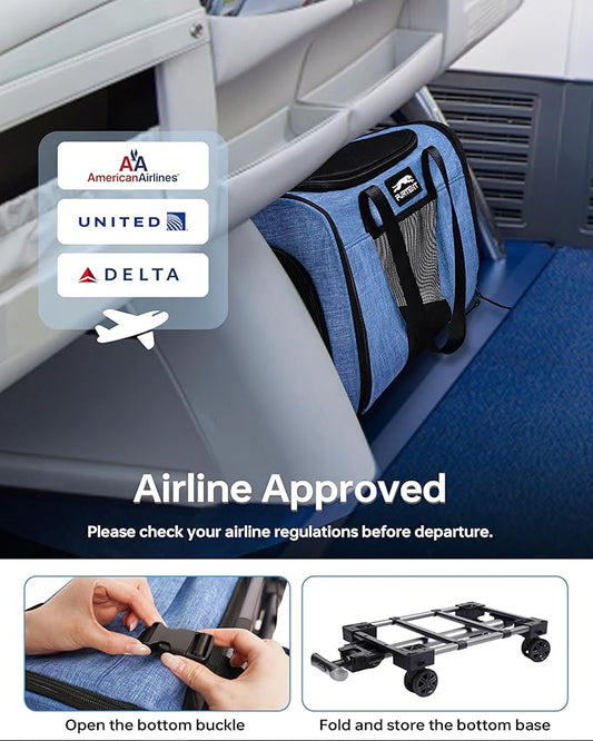 Pet Carrier with Removable Wheels American Airline Approved, Rolling Cat Carrier with Telescopic Handle and Shoulder Strap, Breathable Soft-Sided Carrier with Locking Zipper for Small Cats Dogs(Blue)